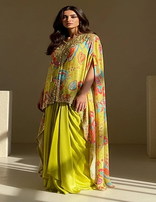 Lime Crepe Floral Cape Set