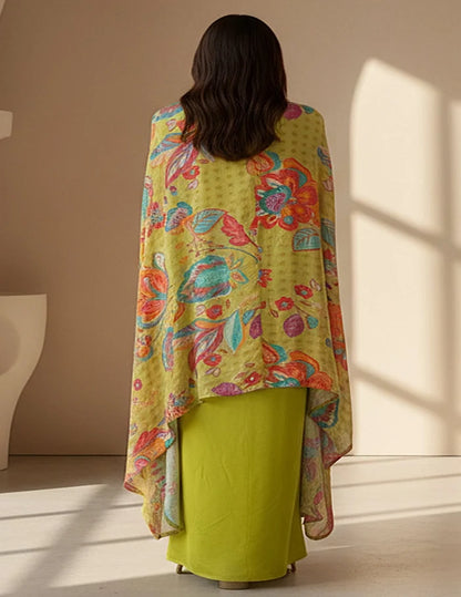 Lime Crepe Floral Cape Set