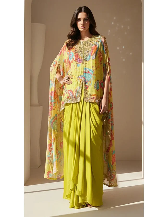 Lime Crepe Floral Cape Set