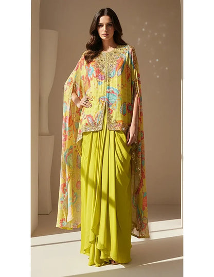 Lime Crepe Floral Cape Set