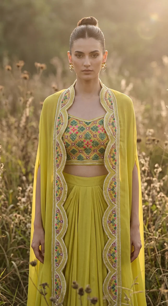 Lime Phulkari Cape Set