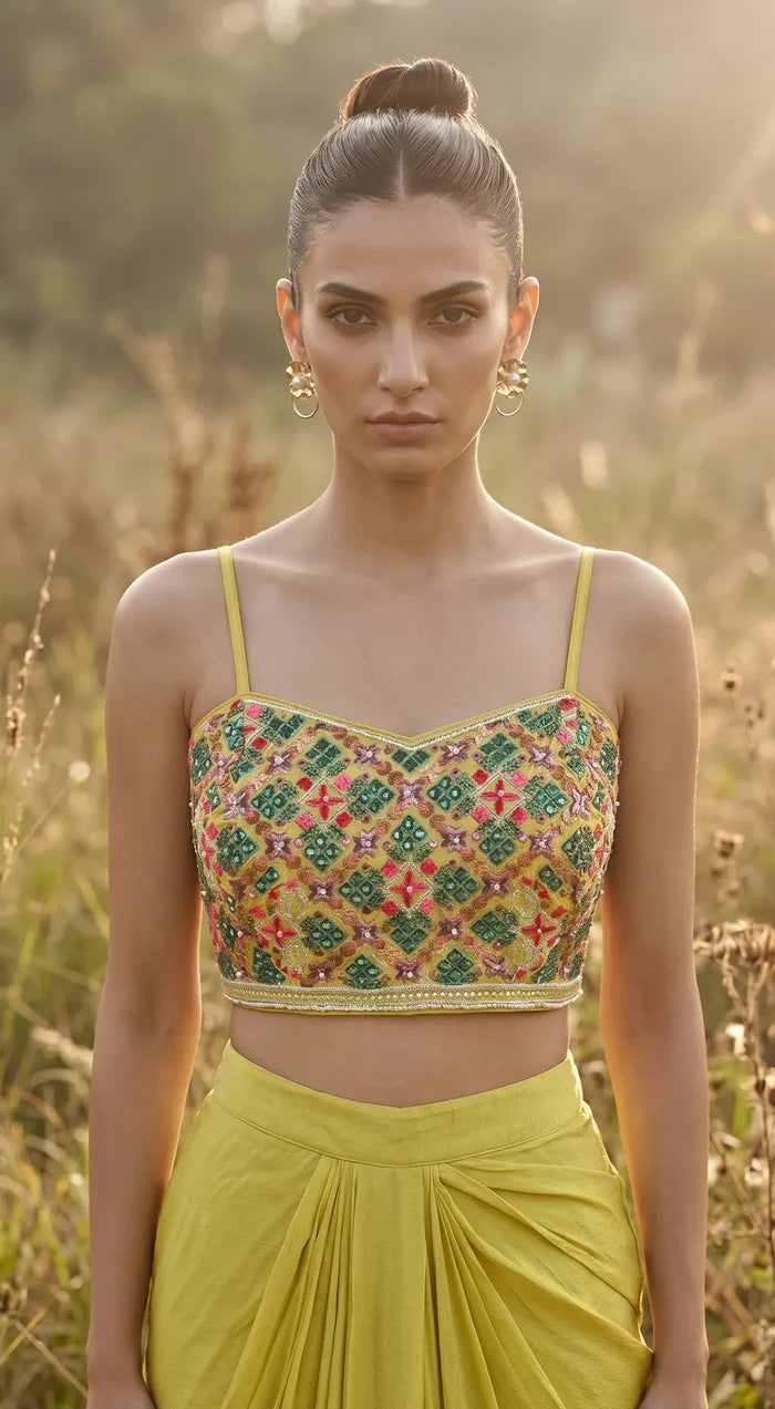 Lime Phulkari Cape Set