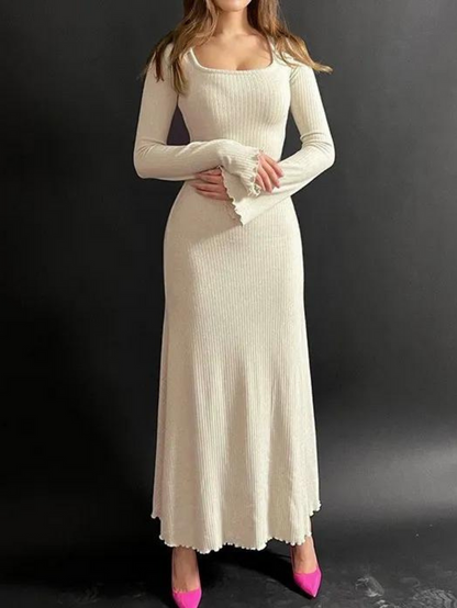 LONG-SLEEVE SQUARE NECK PLAIN BODYCON DRESS