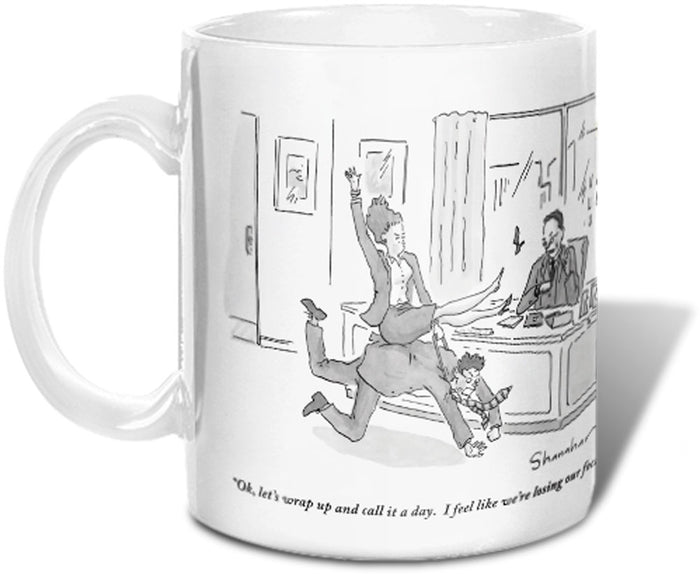 "Ok, let's wrap up and call it a day. I feel like we're losing our focus."(Woman riding man like a bull in an office while a third man at a desk watches.)