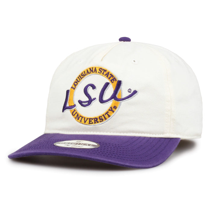 LSU Original Circle snapback hat showing embroidered front design and curved brim, angled view