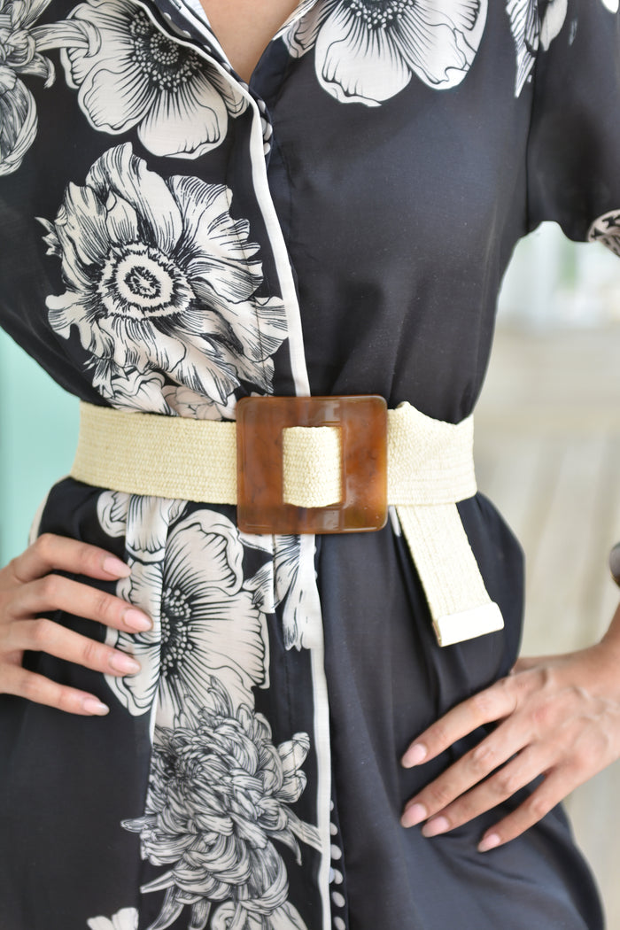 Lucite Square Buckle Raffia Belt Ivory