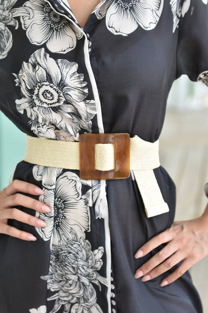 Lucite Square Buckle Raffia Belt Ivory