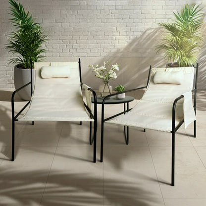 Outdoor furniture set with two white chairs and a small table

Outdoor set  
Out door furniture 
اطقم للحدائق 
اطقم للبلكونات 
Garden  furniture