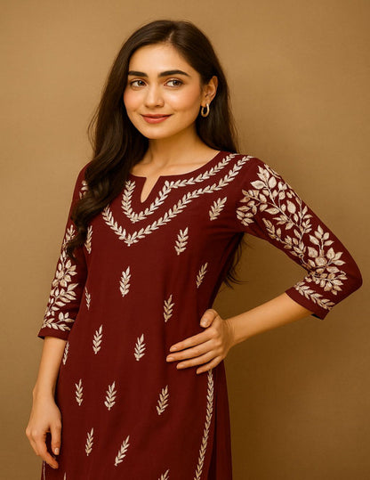 Maroon chikankari kurti online shopping