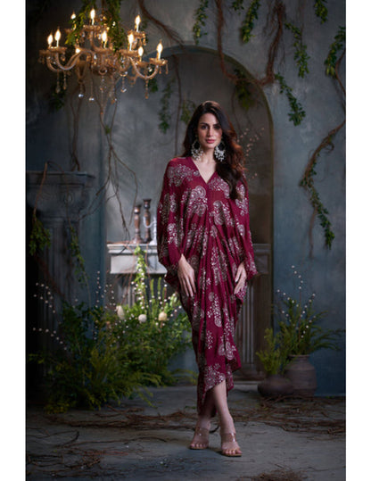 Maroon chinon embroidered midi dress for party and evening wear Singapore