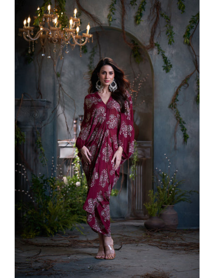 Maroon chinon embroidered midi dress for party and evening wear Singapore