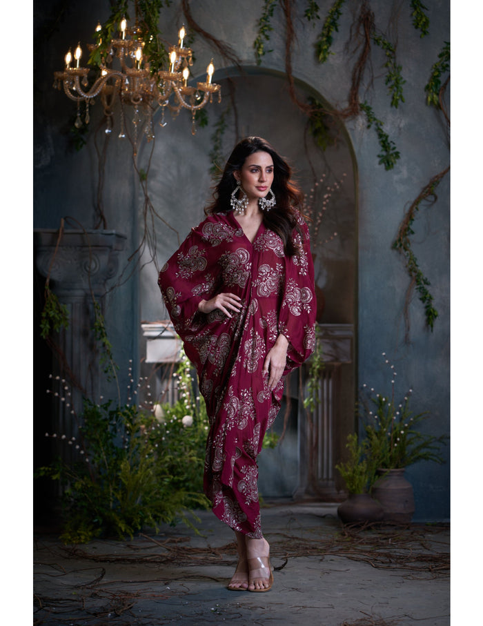 Maroon chinon embroidered midi dress for party and evening wear Singapore