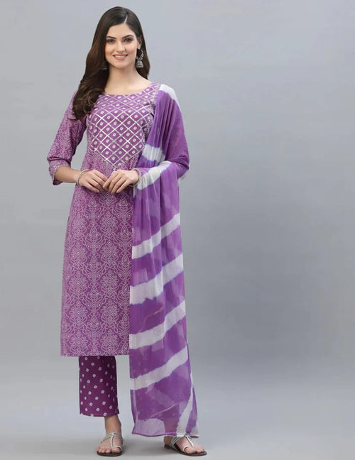 Purple bandhani kurta and dupatta set with traditional Indian prints