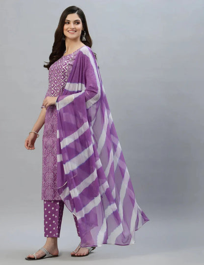 Purple bandhani kurta and dupatta set with traditional Indian prints