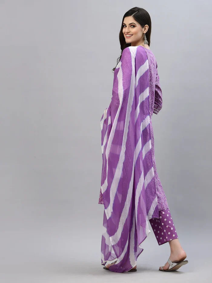 Purple bandhani kurta and dupatta set with traditional Indian prints