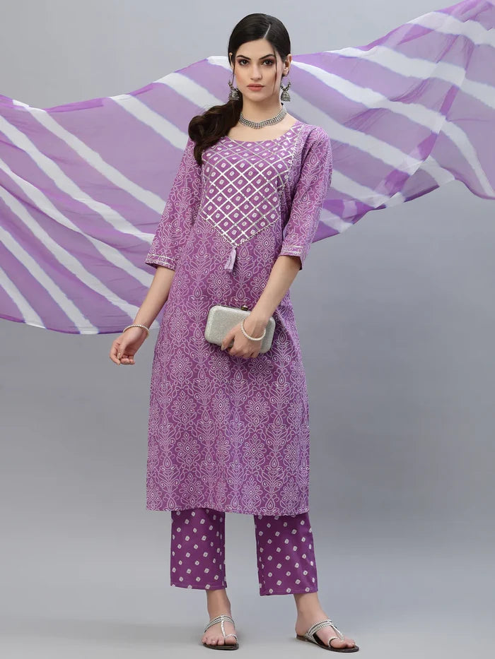 Purple bandhani kurta and dupatta set with traditional Indian prints