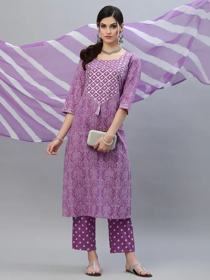 Purple bandhani kurta and dupatta set with traditional Indian prints