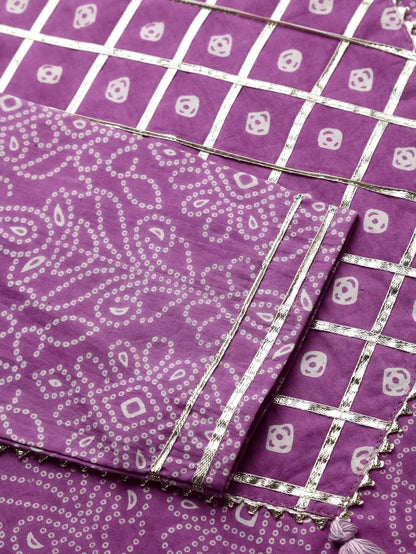 Purple bandhani kurta and dupatta set with traditional Indian prints