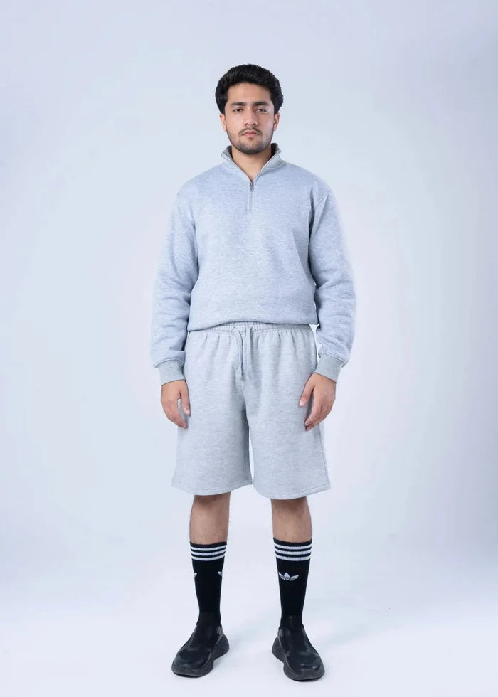 Men's light grey fleece drawstring sweat shorts with elastic waist, knee-length cut