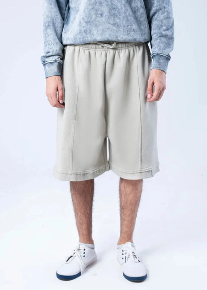 Men's casual knit shorts with drawstring cord, elastic waistband, light beige