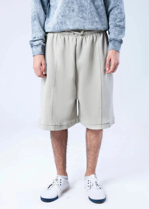 Men's casual knit shorts with drawstring cord, elastic waistband, light beige