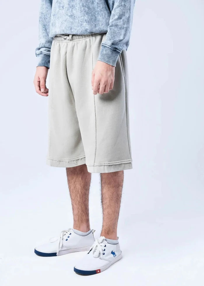 Men's casual knit shorts, elastic waistband, light beige, side view
