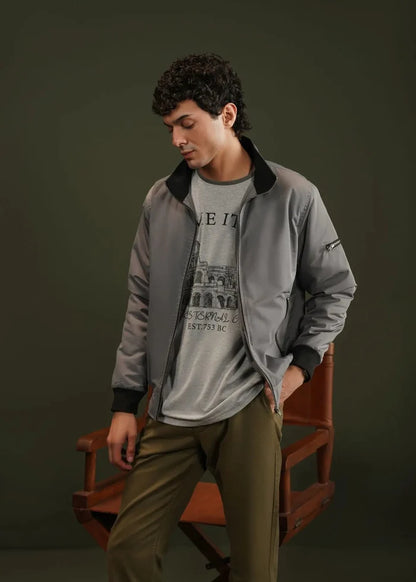 Men's grey winter jacket, zip front, side pockets, relaxed fit