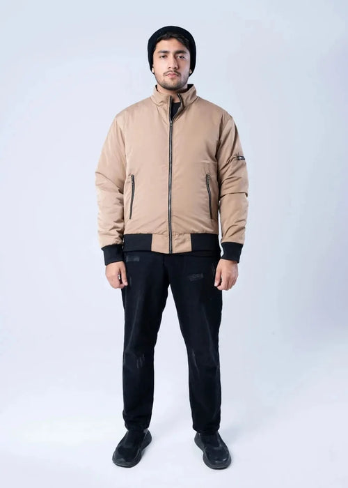 Men's winter memory jacket in khaki with full front zip and black ribbed hem.