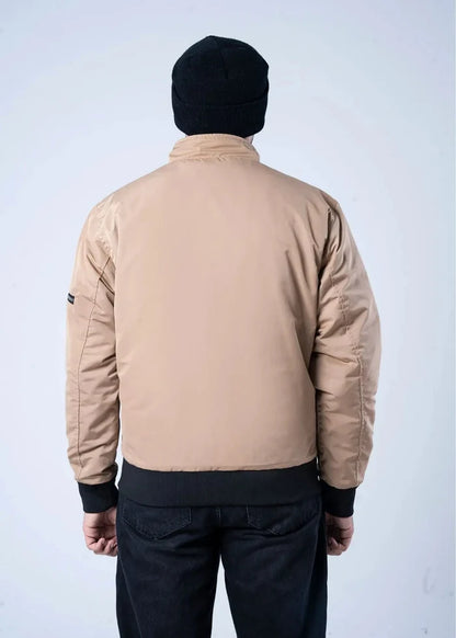 Men's winter memory jacket, khaki with black ribbed cuffs and back view.