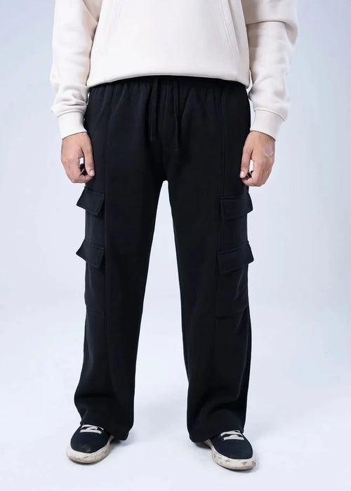 Black pull-on cargo trousers with multiple side flap pockets and elastic waist