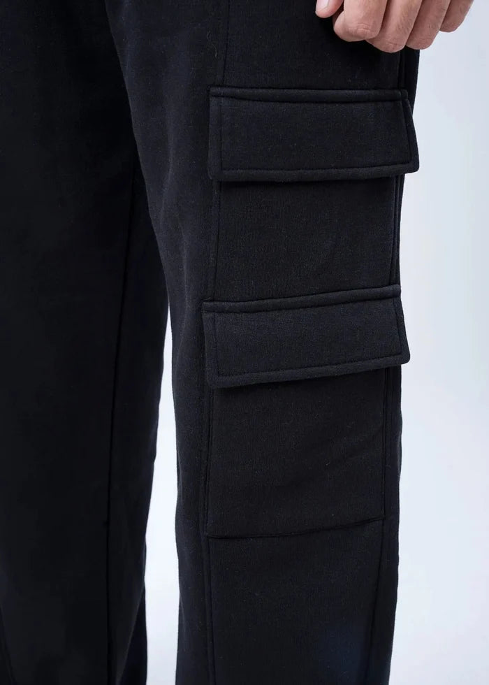 Black pull-on cargo trousers with side flap pockets and ribbed hem detail