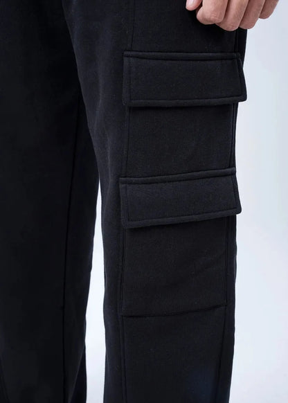 Black pull-on cargo trousers with side flap pockets and ribbed hem detail