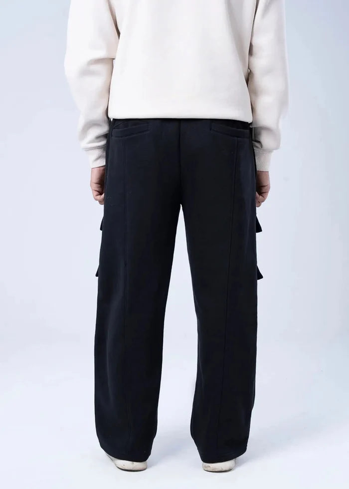 Black pull-on cargo trousers with side draped pockets and relaxed straight fit