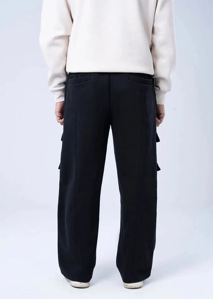 Black pull-on cargo trousers with side draped pockets and relaxed straight fit