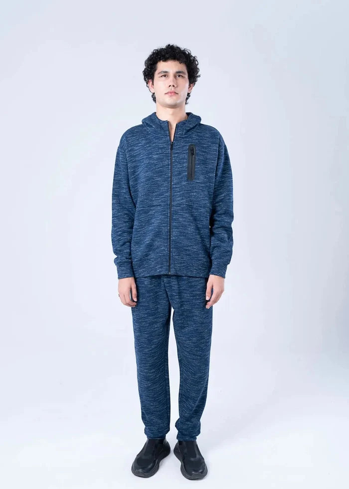 Blue heather fleece zip-up hoodie with hood and front zipper; chest zip pocket