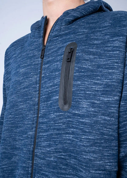 Blue heather fleece zip-up hoodie with hood, ribbed cuffs and dark zipper pull