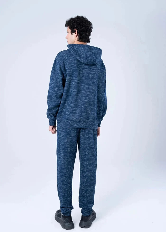 Blue heather fleece zip-up hoodie with hood, back view, long sleeves
