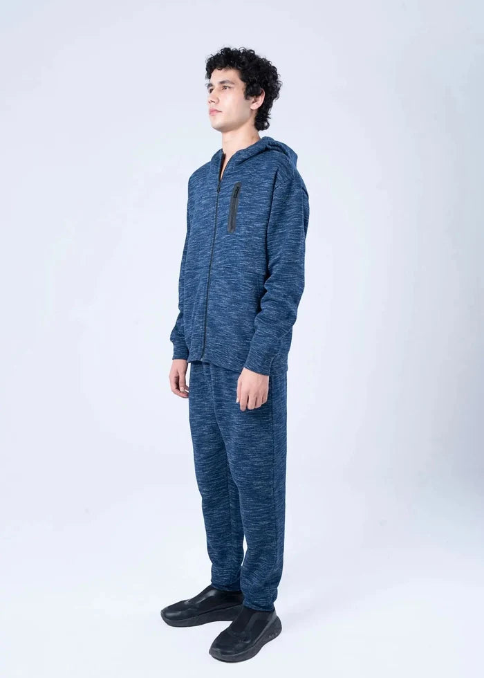 Blue heather fleece zip-up hoodie with hood and front zipper, side view