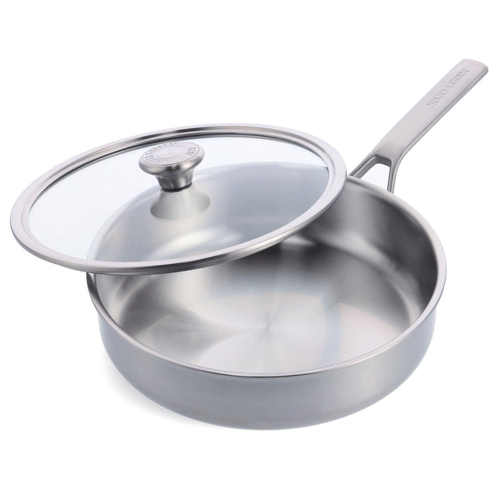 Stainless steel sauté pan with lid, 3.5-quart size, silver finish.