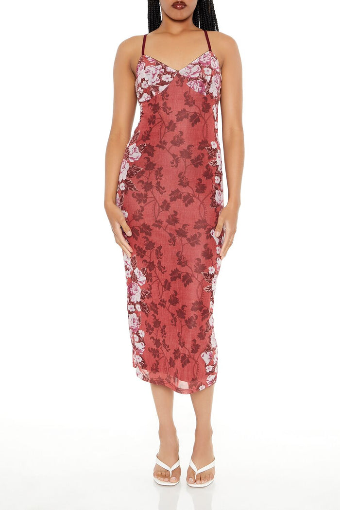 Mesh Floral Print Slip Midi Dress