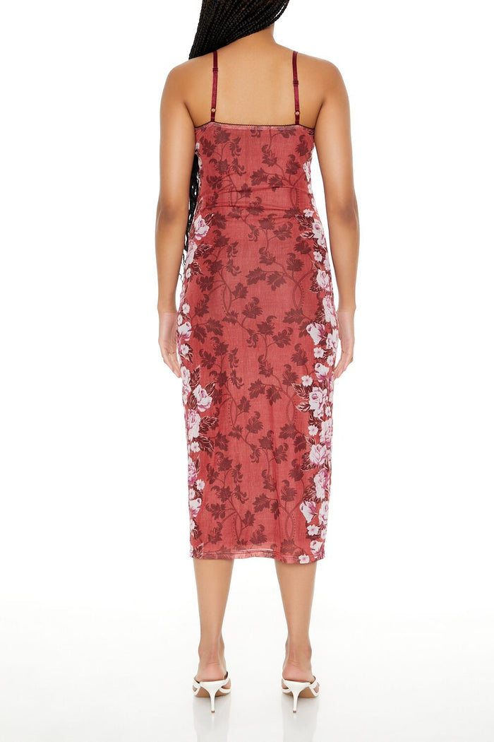 Mesh Floral Print Slip Midi Dress