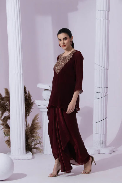 Metallic Wine Kurta & Dhoti