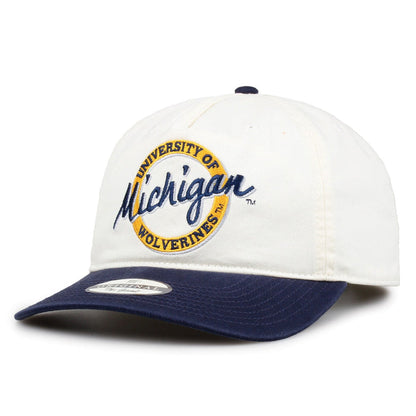 Michigan Original Circle snapback hat showing embroidered front design and brim, angled view