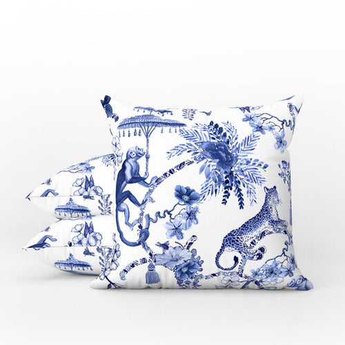 Monkey Jungle Outdoor Pillows Chinoiserie Blue Toile
