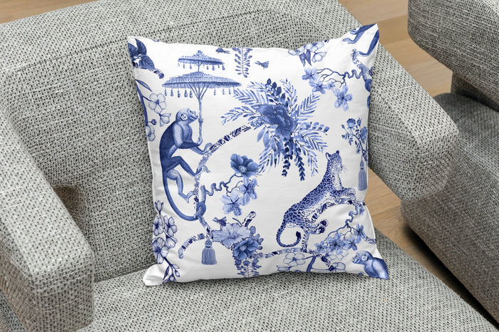 Monkey Jungle Outdoor Pillows Chinoiserie Blue Toile