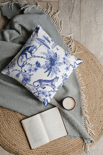 Monkey Jungle Outdoor Pillows Chinoiserie Blue Toile