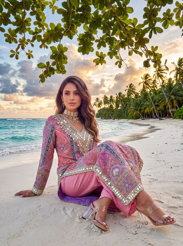 Multicoloured Lilac Long Kurta Set
