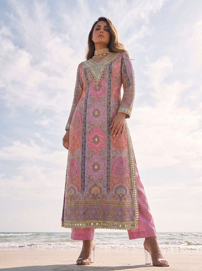 Multicoloured Lilac Long Kurta Set
