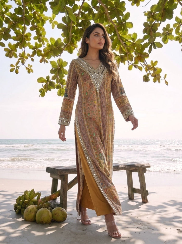 Multicoloured Mustard Long Kurta Set