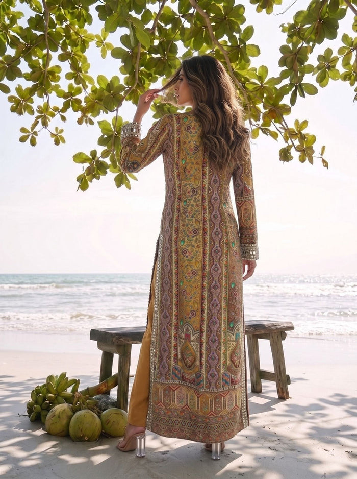 Multicoloured Mustard Long Kurta Set